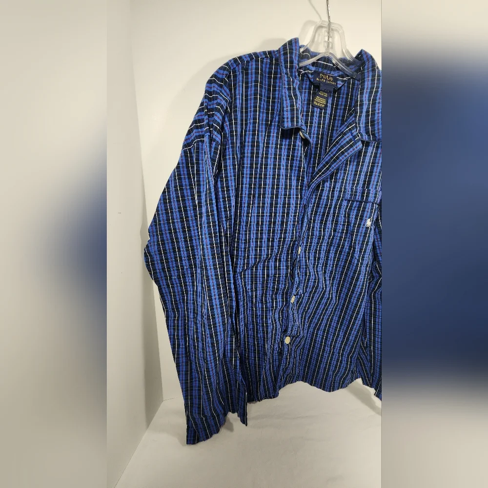 VINTAGE  Polo Ralph Lauren  Men's Pajama Top Plaid Size Extra Large Blue - Picture 3 of 10